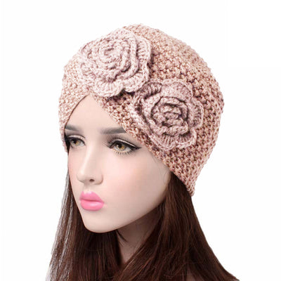 Sabrina Winter Knitted Turban Shop Online, Beanie With Double Flower, Vintage Headcovering, Hair Accessories_Beige