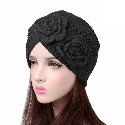 Sabrina Winter Knitted Turban Shop Online, Beanie With Double Flower, Vintage Headcovering, Hair Accessories_Black