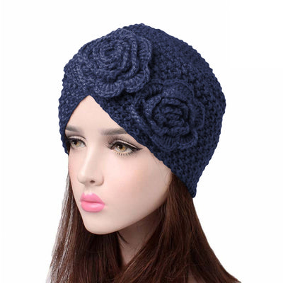 Sabrina Winter Knitted Turban Shop Online, Beanie With Double Flower, Vintage Headcovering, Hair Accessories_Blue