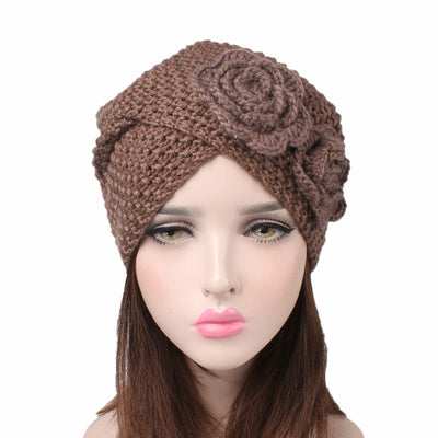 Sabrina Winter Knitted Turban Shop Online, Beanie With Double Flower, Vintage Headcovering, Hair Accessories_Brown-2