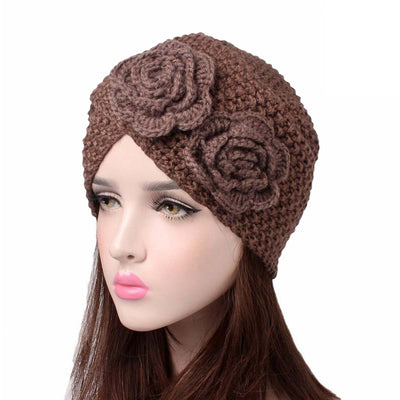 Sabrina Winter Knitted Turban Shop Online, Beanie With Double Flower, Vintage Headcovering, Hair Accessories_Brown