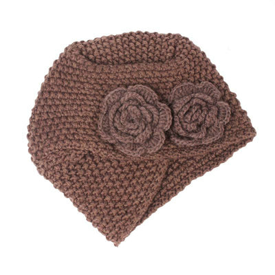 Sabrina Winter Knitted Turban Shop Online, Beanie With Double Flower, Vintage Headcovering, Hair Accessories_Brown-4