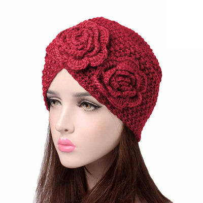 Sabrina Winter Knitted Turban Shop Online, Beanie With Double Flower, Vintage Headcovering, Hair Accessories_Red