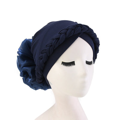 Shantel Braided Headwrap Big Flower Chemo Hat Pre-tied Caps For Women, New Style Braided Turban, African Twist Bandanna, Hair Unique Accessories_Blue