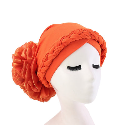 Shantel Braided Headwrap Big Flower Chemo Hat Pre-tied Caps For Women, New Style Braided Turban, African Twist Bandanna, Hair Unique Accessories_Orange