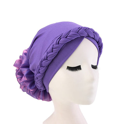 Shantel Braided Headwrap Big Flower Chemo Hat Pre-tied Caps For Women, New Style Braided Turban, African Twist Bandanna, Hair Unique Accessories_Purple-5