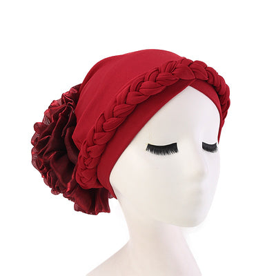 Shantel Braided Headwrap Big Flower Chemo Hat Pre-tied Caps For Women, New Style Braided Turban, African Twist Bandanna, Hair Unique Accessories_Red