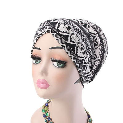 Temple printed Turban_Turbans_Head_covering_Modest_Headcovres_Flower_Cotton_Chemo hat_Cancer hat_African_Print_Basic_Pre_tied_Black_White