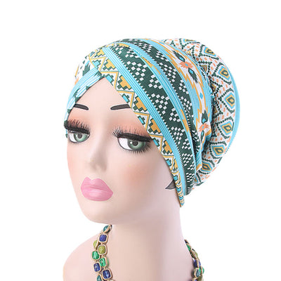 Temple printed Turban_Turbans_Head_covering_Modest_Headcovres_Flower_Cotton_Chemo hat_Cancer hat_African_Print_Basic_Pre_tied_Turquoise