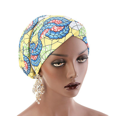 Temple printed Turban_Turbans_Head_covering_Modest_Headcovres_Flower_Cotton_Chemo hat_Cancer hat_African_Print_Basic_Pre_tied_Yellow-4