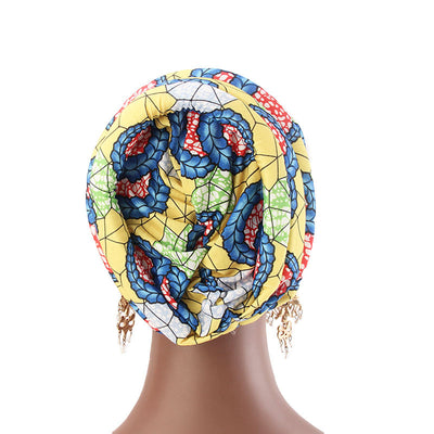 Temple printed Turban_Turbans_Head_covering_Modest_Headcovres_Flower_Cotton_Chemo hat_Cancer hat_African_Print_Basic_Pre_tied_Yellow-5