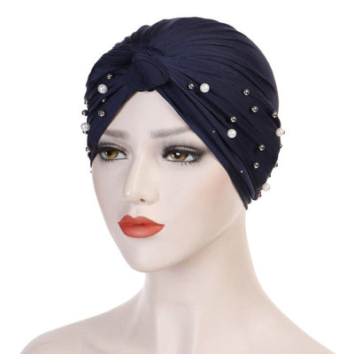 Titi Pearls Headwrap Free Shipping Headscarf For Work African Turban With Beads Shop Online Muslim Hijab Tichel For Jewish Indian Headcovering Cancer Hat-Navy blue