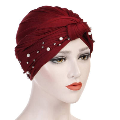 Titi Pearls Headwrap Free Shipping Headscarf For Work African Turban With Beads Shop Online Muslim Hijab Tichel For Jewish Indian Headcovering Cancer Hat-Red