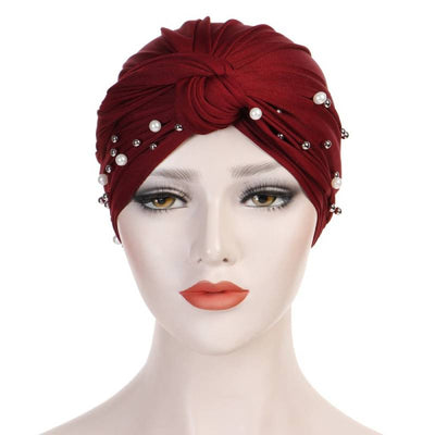 Titi Pearls Headwrap Free Shipping Headscarf For Work African Turban With Beads Shop Online Muslim Hijab Tichel For Jewish Indian Headcovering Cancer Hat-Red