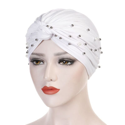 Titi Pearls Headwrap Free Shipping Headscarf For Work African Turban With Beads Shop Online Muslim Hijab Tichel For Jewish Indian Headcovering Cancer Hat-White