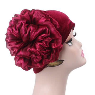 Velvet Flower Turban_Turbans_Head_covering_Modest_Floral_Headcovers_Cancer_Hat_Red
