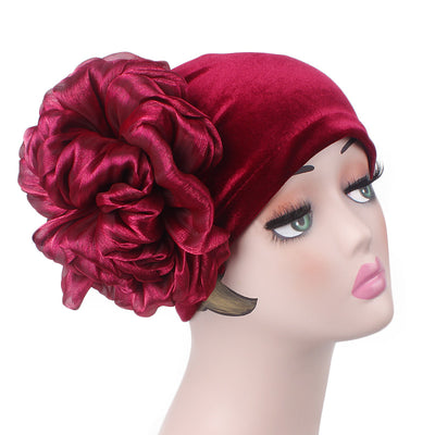 Velvet Flower Turban_Turbans_Head_covering_Modest_Floral_Headcovers_Cancer_Hat_ Beanie_Red-2