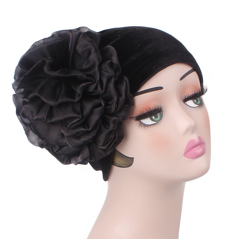 Velvet Flower Turban_Turbans_Head_covering_Modest_Floral_Headcovers_Cancer_Hat_ Beanie_Black