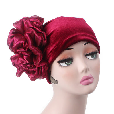 Velvet Flower Turban_Turbans_Head_covering_Modest_Floral_Headcovers_Cancer_Hat_Red-3