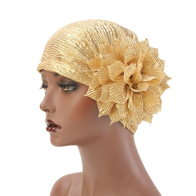 Yafa Metallic Flower Turban Elegant Headband for Women Muslim, India Hat, Chemo Beanie, Luxury Headscarf, Headwrap Turbante Gold