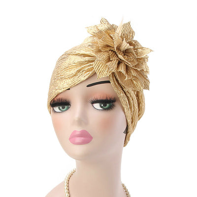 Yafa Metallic Flower Turban Elegant Headband for Women Muslim, India Hat, Chemo Beanie, Luxury Headscarf, Headwrap Turbante Gold-5