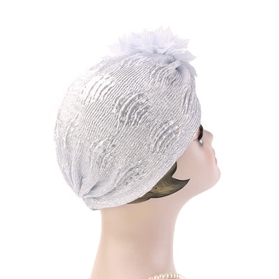 Yafa Metallic Flower Turban Elegant Headband for Women Muslim, India Hat, Chemo Beanie, Luxury Headscarf, Headwrap Turbante Silver-2