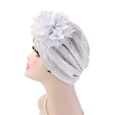 Yafa Metallic Flower Turban Elegant Headband for Women Muslim, India Hat, Chemo Beanie, Luxury Headscarf, Headwrap Turbante Silver